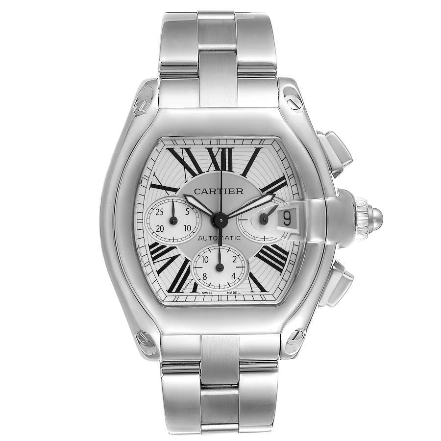 Cartier Roadster XL Chronograph Automatic Steel Mens Watch W62019X6. Automatic self-winding movement with chronograph function. Stainless steel tonneau shaped case 49 x 43mm. . Scratch resistant sapphire crystal with cyclops magnifying glass. Silver