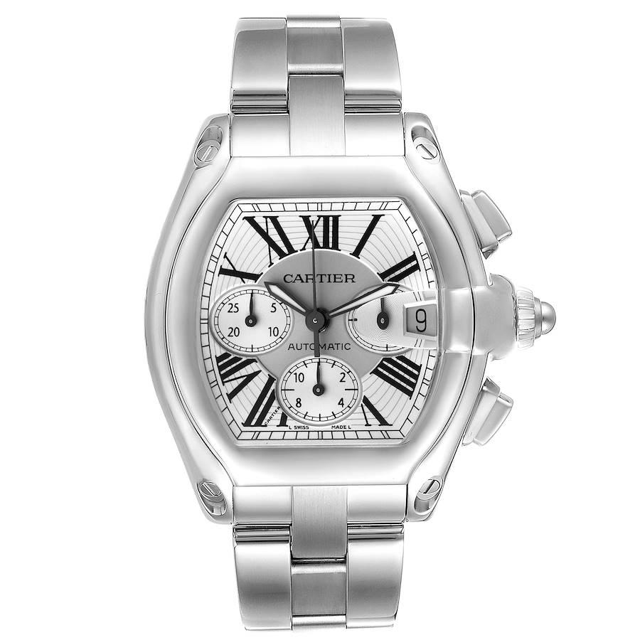 Cartier Roadster XL Chronograph Automatic Steel Mens Watch W62019X6. Automatic self-winding movement with chronograph function. Stainless steel tonneau shaped case 49 x 43mm. . Scratch resistant sapphire crystal with cyclops magnifying glass. Silver