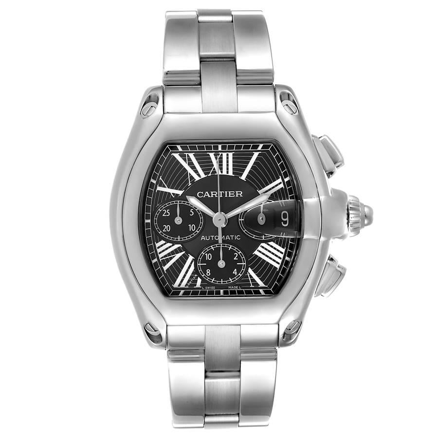 Cartier Roadster XL Chronograph Black Dial Mens Watch W62020X6 Box Papers. Automatic self-winding movement with chronograph function. Stainless steel tonneau shaped case 49 x 43 mm. . Scratch resistant sapphire crystal with cyclops magnifying glass.