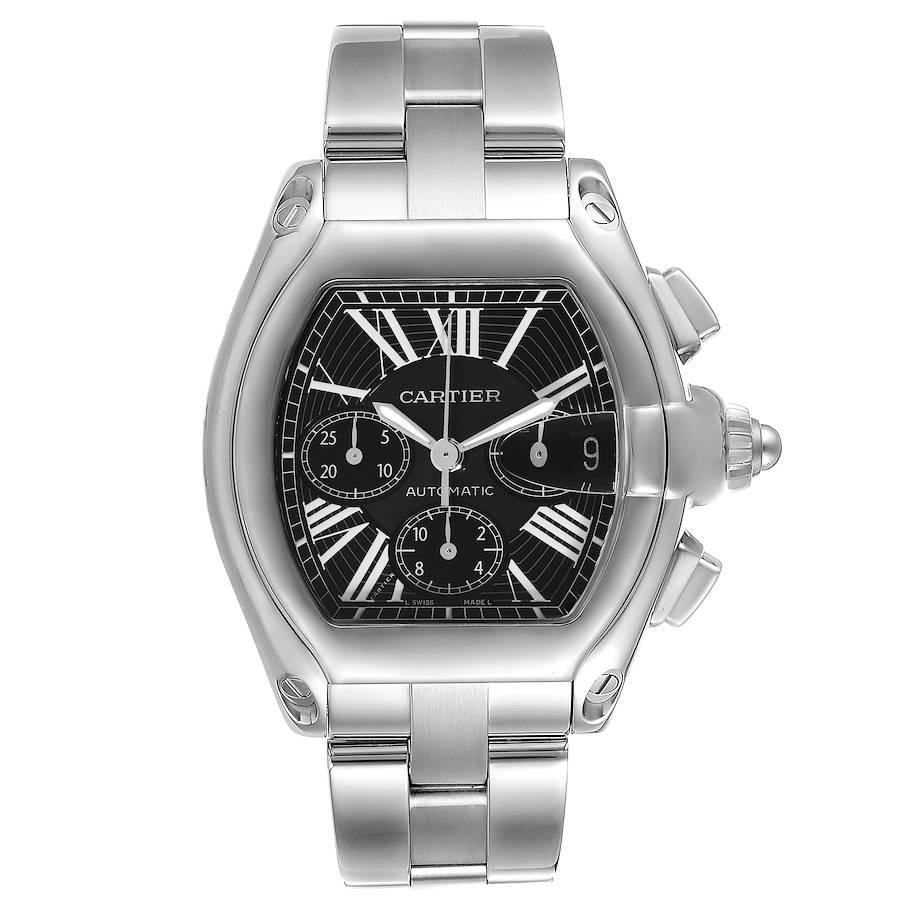 Cartier Roadster XL Chronograph Black Dial Mens Watch W62020X6. Automatic self-winding movement with chronograph function. Stainless steel tonneau shaped case 49 x 43 mm. . Scratch resistant sapphire crystal with cyclops magnifying glass. Black