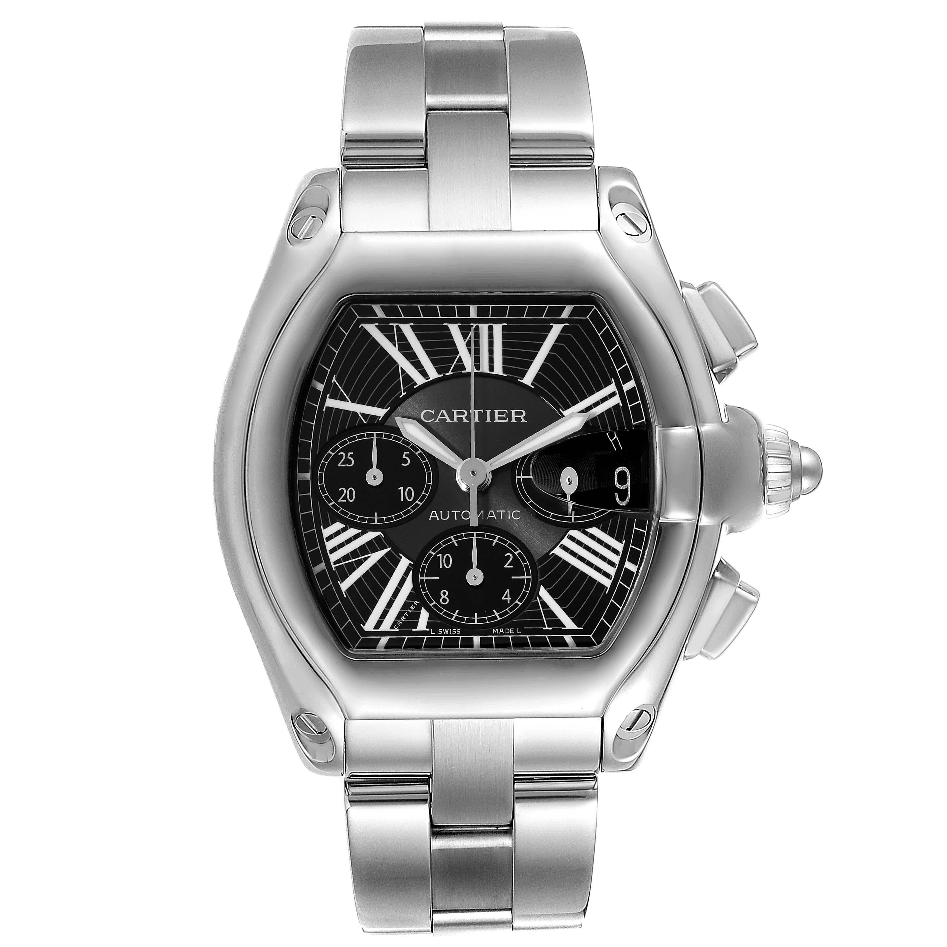 Cartier Roadster XL Chronograph Black Dial Steel Mens Watch W62020X6. Automatic self-winding movement with chronograph function. Stainless steel tonneau shaped case 49 x 43 mm. . Scratch resistant sapphire crystal with cyclops magnifying glass.