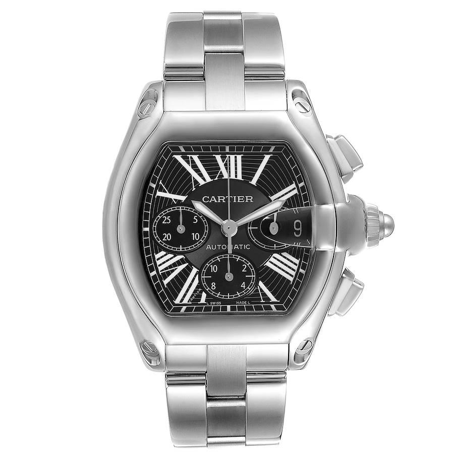 Cartier Roadster XL Chronograph Black Dial Steel Mens Watch W62020X6. Automatic self-winding movement with chronograph function. Stainless steel tonneau shaped case 49 x 43 mm. . Scratch resistant sapphire crystal with cyclops magnifier. Black
