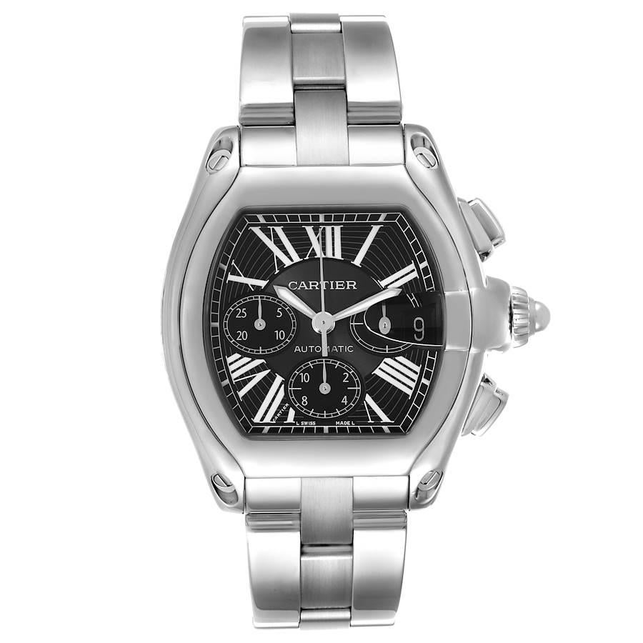 Cartier Roadster XL Chronograph Black Dial Steel Mens Watch W62020X6 Papers. Automatic self-winding movement with chronograph function. . . Scratch resistant sapphire crystal with cyclops magnifier. Black sunray effect dial with painted white Roman