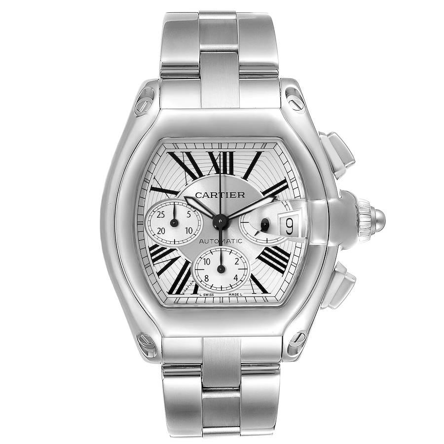 Cartier Roadster XL Chronograph Silver Dial Steel Mens Watch W62019X6 Box Papers. Automatic self-winding movement with chronograph function. Stainless steel tonneau shaped case 49 x 43mm. . Scratch resistant sapphire crystal with cyclops magnifier.