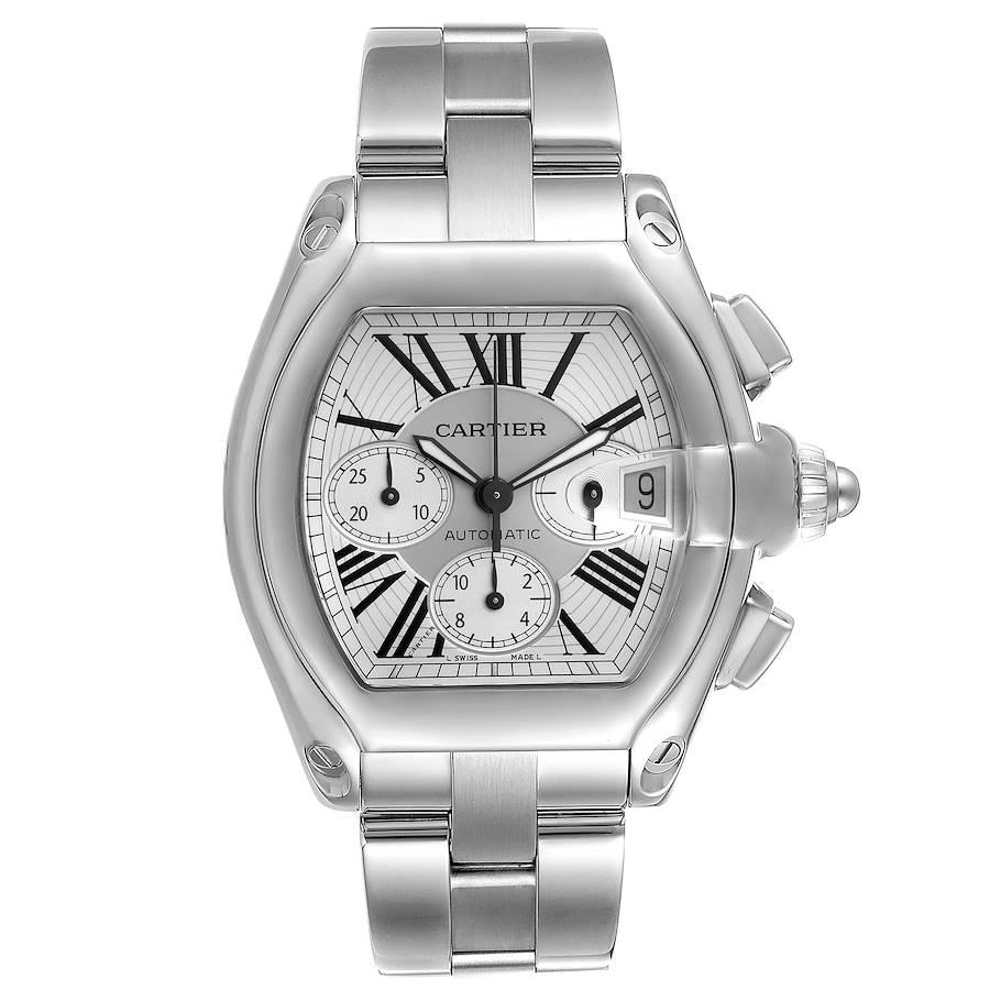 Cartier Roadster XL Chronograph Silver Dial Steel Mens Watch W62019X6 Box Papers. Automatic self-winding movement with chronograph function. Stainless steel tonneau shaped case 49 x 43mm. . Scratch resistant sapphire crystal with cyclops magnifier.