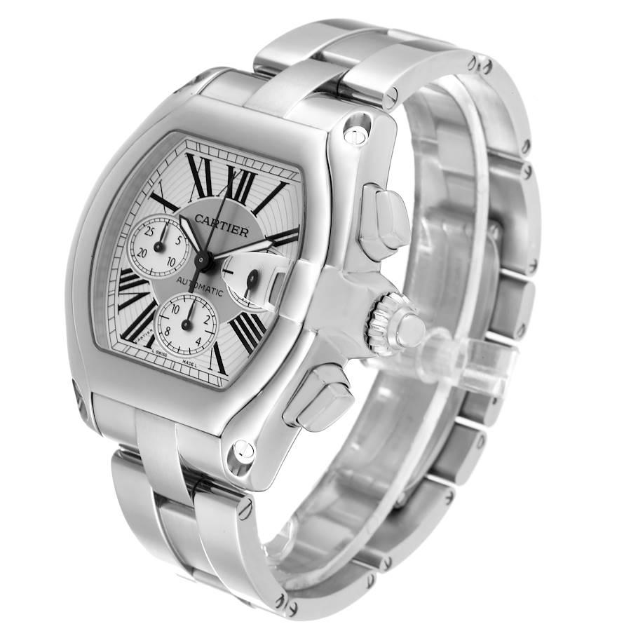Cartier Roadster XL Chronograph Silver Dial Steel Mens Watch W62019X6 Box Papers In Excellent Condition In Atlanta, GA