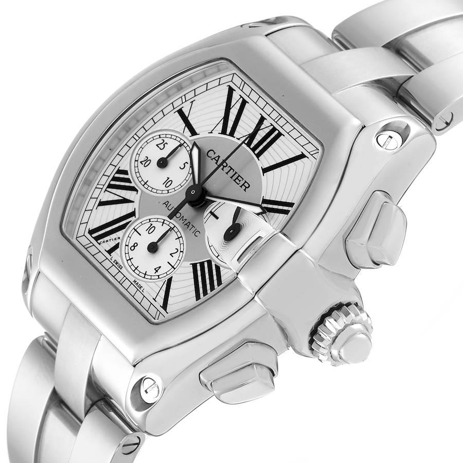 Men's Cartier Roadster XL Chronograph Silver Dial Steel Mens Watch W62019X6 Box Papers