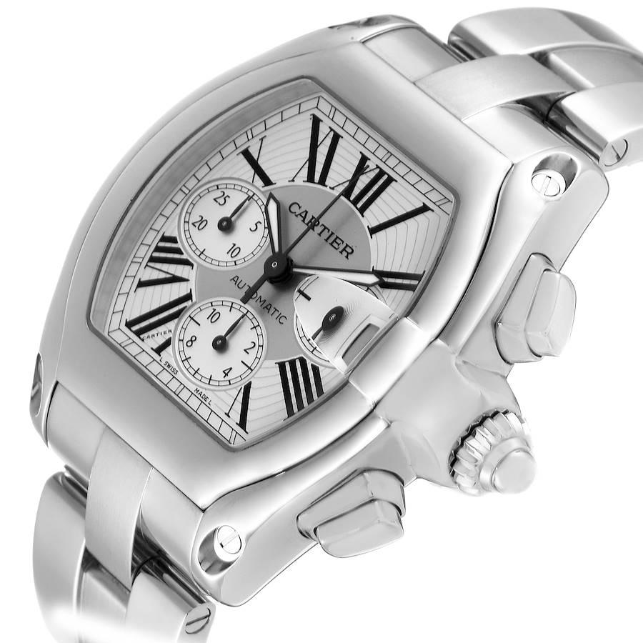 Men's Cartier Roadster XL Chronograph Silver Dial Steel Mens Watch W62019X6 Box Papers