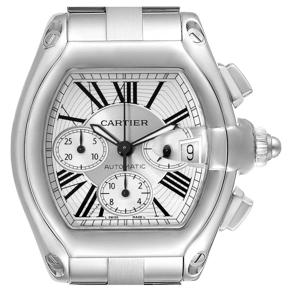 Cartier Roadster XL Chronograph Silver Dial Steel Mens Watch W62019X6 Box Papers