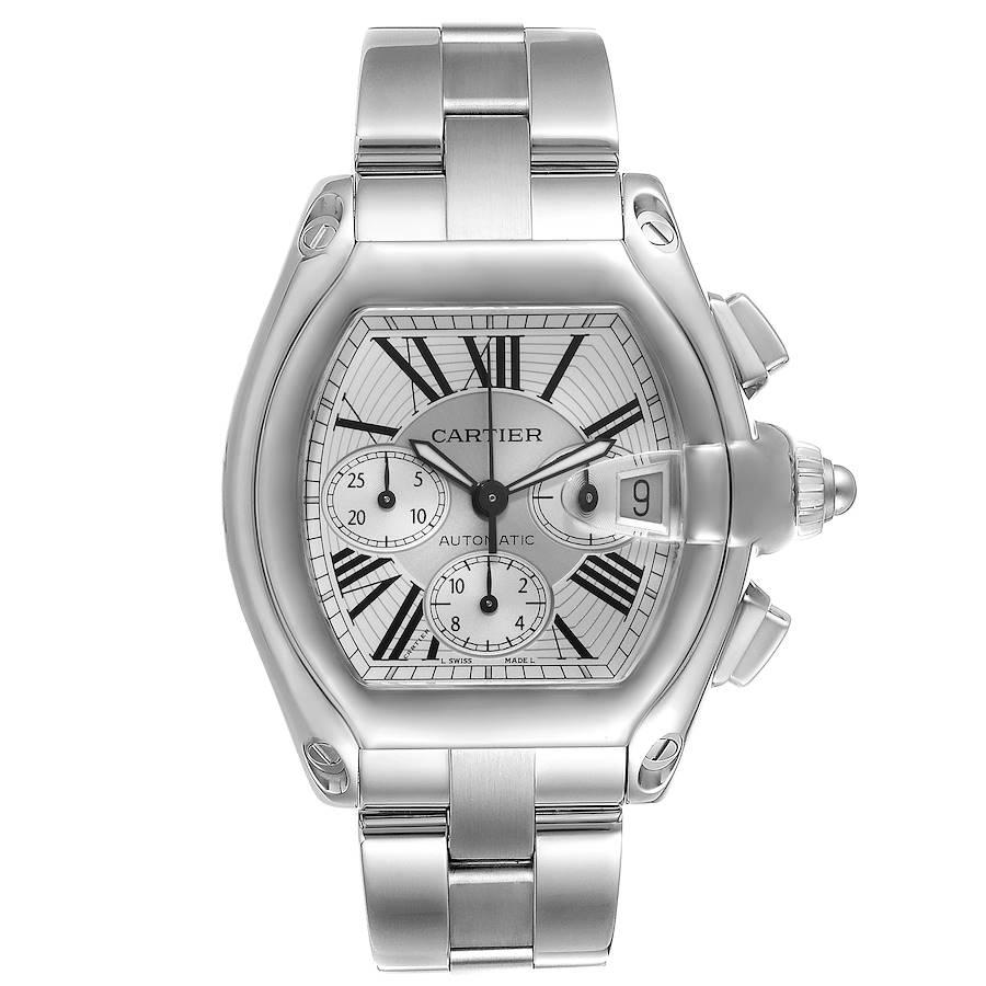 Cartier Roadster XL Chronograph Silver Dial Steel Mens Watch W62019X6. Automatic self-winding movement with chronograph function. Stainless steel tonneau shaped case 49 x 43mm. . Scratch resistant sapphire crystal with cyclops magnifier. Silver
