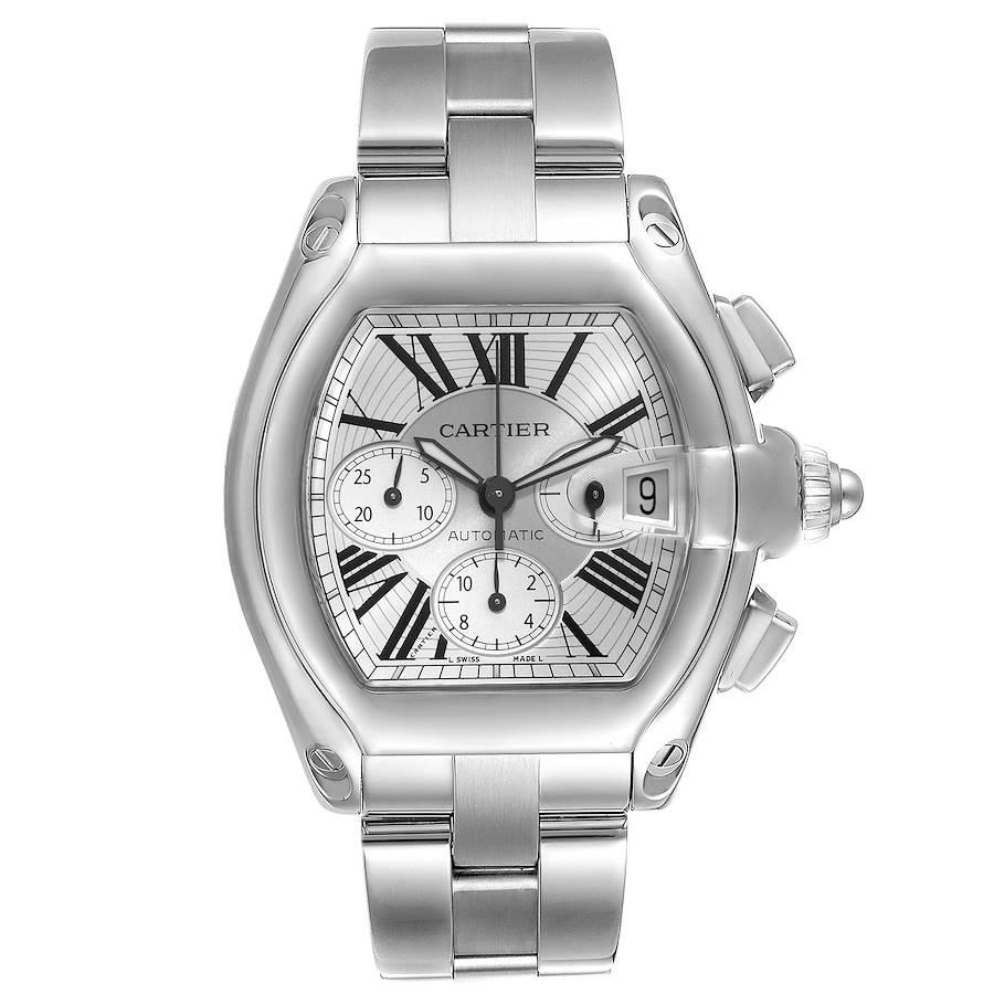 Cartier Roadster XL Chronograph Silver Dial Steel Mens Watch W62019X6. Automatic self-winding movement with chronograph function. Stainless steel tonneau shaped case 49 x 43mm. . Scratch resistant sapphire crystal with cyclops magnifier. Silver