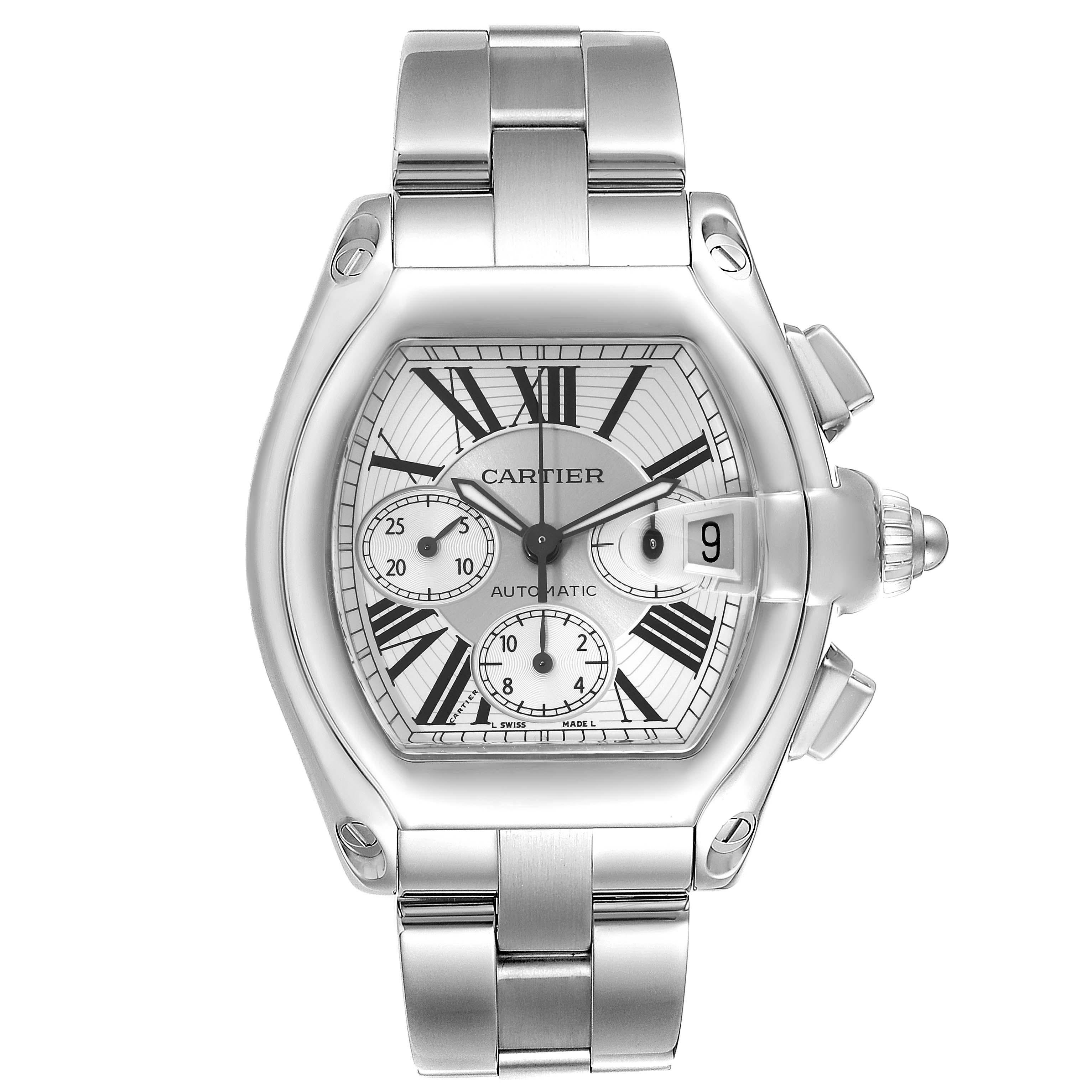 Cartier Roadster XL Chronograph Steel Mens Watch W62019X6 Box Papers. Automatic self-winding movement with chronograph function. Stainless steel tonneau shaped case 49 x 43mm. . Scratch resistant sapphire crystal with cyclops magnifier. Silver