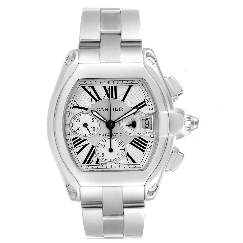 Cartier Roadster XL Chronograph Steel Men’s Watch W62019X6 Box Papers In Good Condition In Atlanta, GA