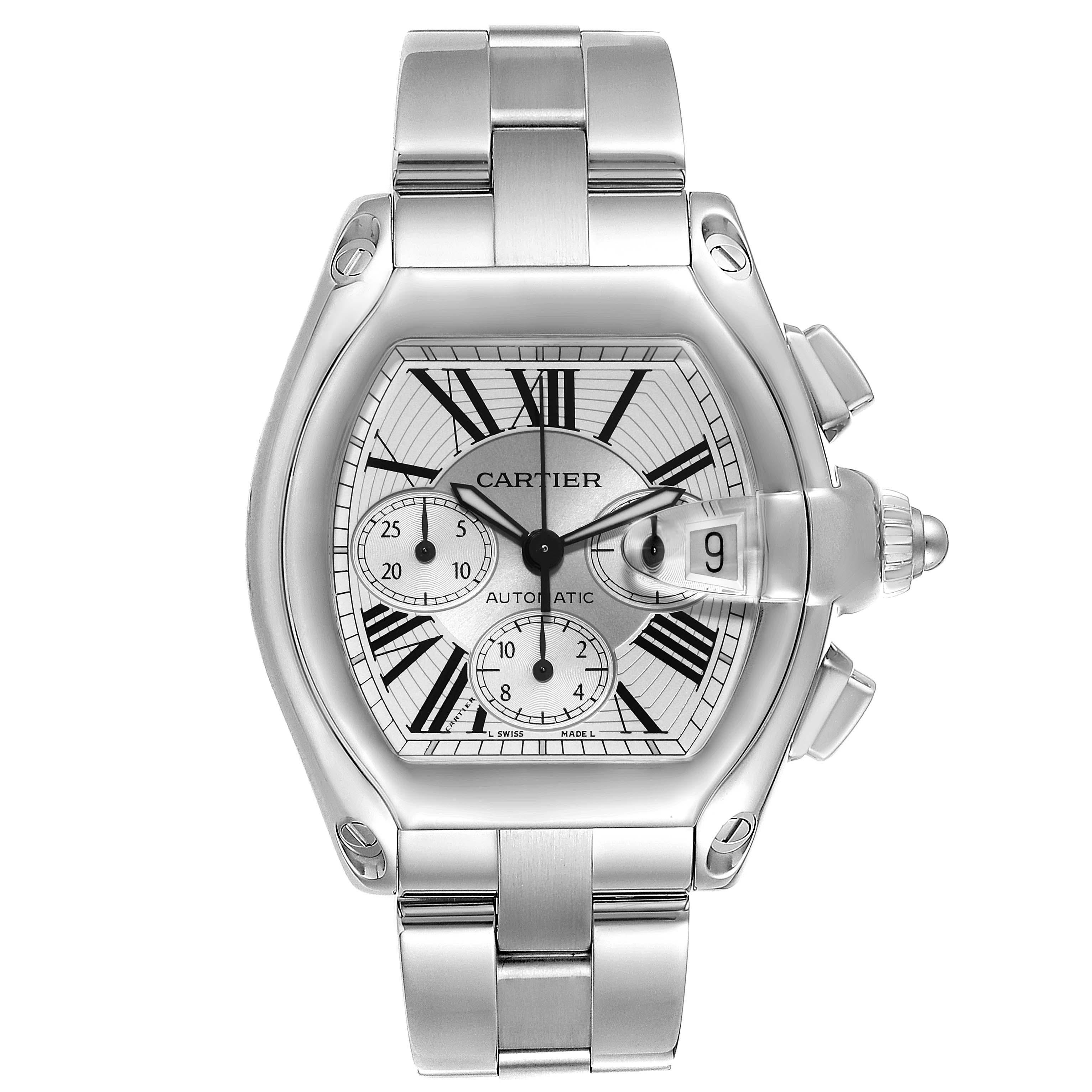 Cartier Roadster XL Chronograph Steel Mens Watch W62019X6 Box Papers In Excellent Condition For Sale In Atlanta, GA