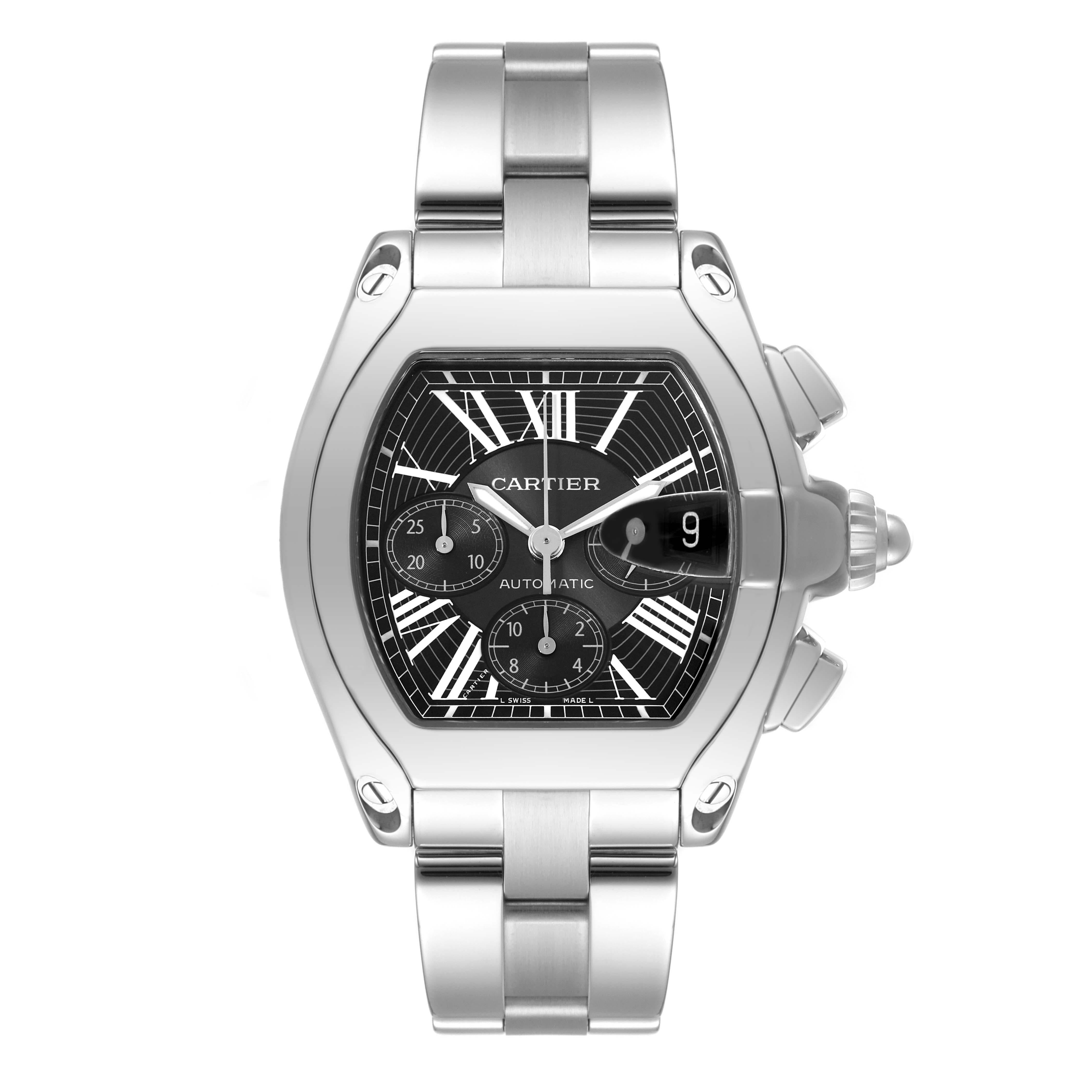 Cartier Roadster XL Chronograph Steel Mens Watch W62020X6 Papers. Automatic self-winding movement with chronograph function. Stainless steel tonneau shaped case 49 x 43 mm. . Scratch resistant sapphire crystal with cyclops magnifier. Black sunray