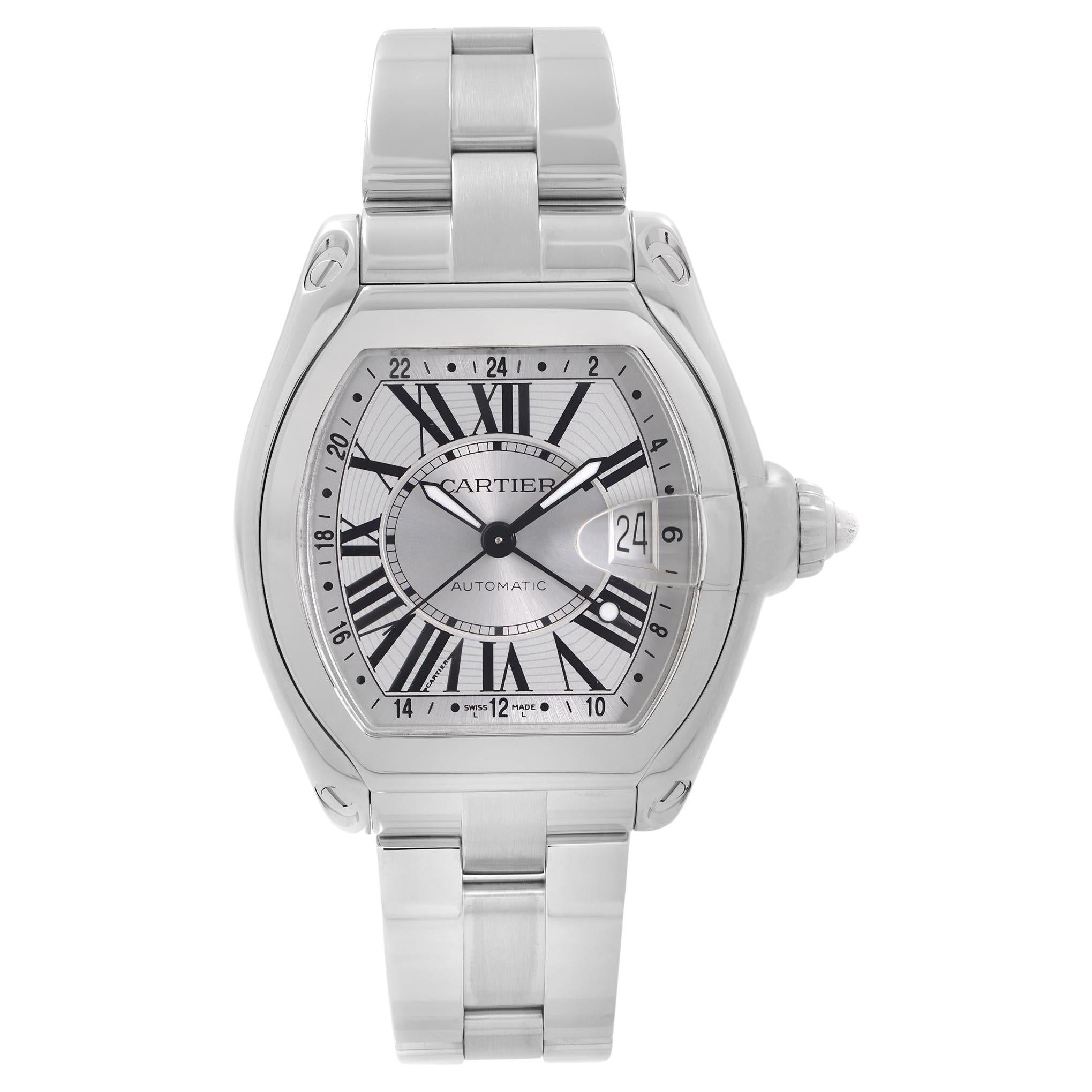 Cartier Roadster XL GMT Steel Silver Dial Automatic Mens Watch W62032X6