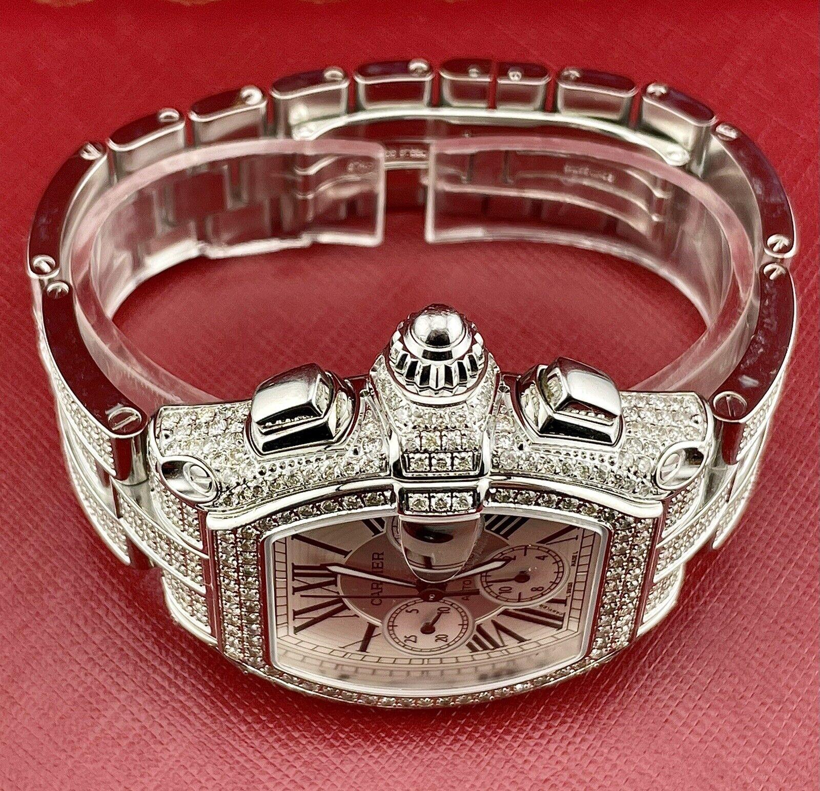 Cartier Roadster XL Men's Watch Silver Dial 43mm Iced Out 12ct Diamonds Ref 2618 In Good Condition For Sale In Pleasanton, CA