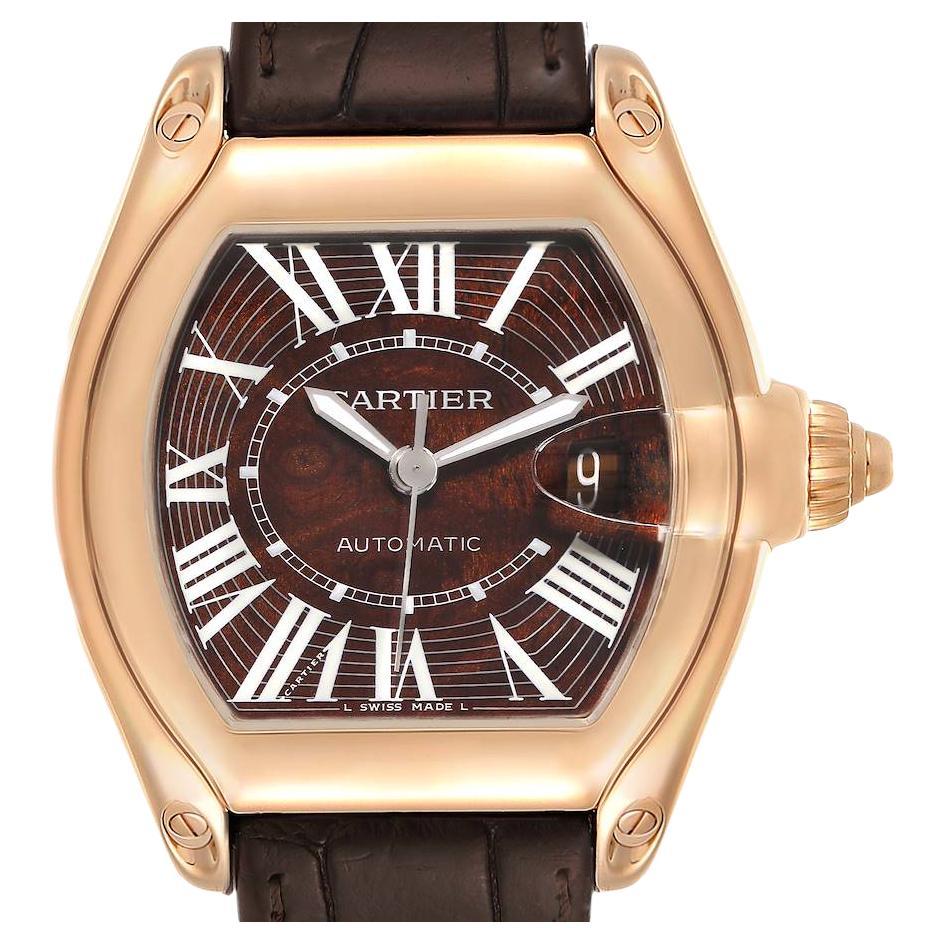 Cartier Roadster XL Rose Gold Walnut Wood Dial Limited Edition Watch W6206001 For Sale