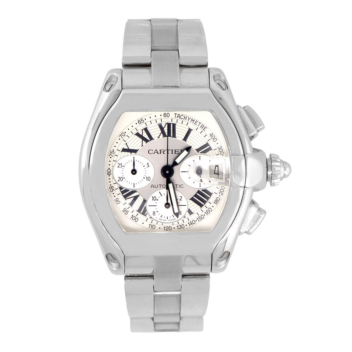 Brand: Cartier
Model: Roadster
Case Material: Stainless Steel
Case Diameter: 49mm x 43mm
Crystal: Sapphire crystal
Bezel: Smooth stainless steel
Dial: Silver chronograph roman dial. Date can be found at 3 o'clock
Bracelet: Stainless steel
Size: Will