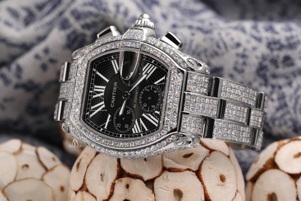 Round Cut Cartier Roadster Xl W62020x6 Black Dial Stainless Steel Fully Iced Out Watch For Sale