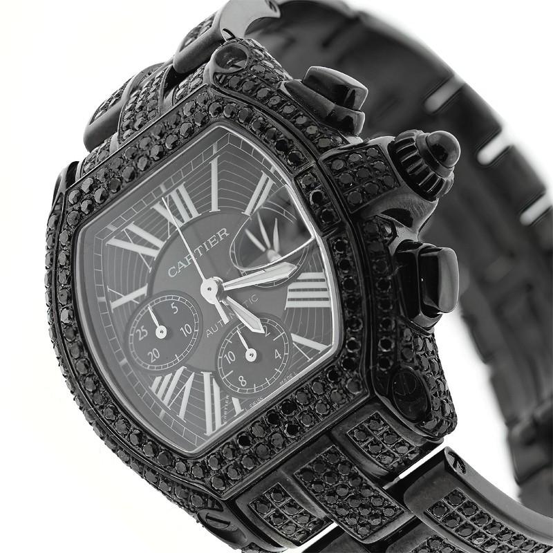 Cartier Roadster XL W62020X6 Chronograph, stainless steel, black PVD watch. 47.6mm x 42.8mm diamond, stainless steel case, black dial with Roman numerals, on black PVD, diamond, stainless steel bracelet.