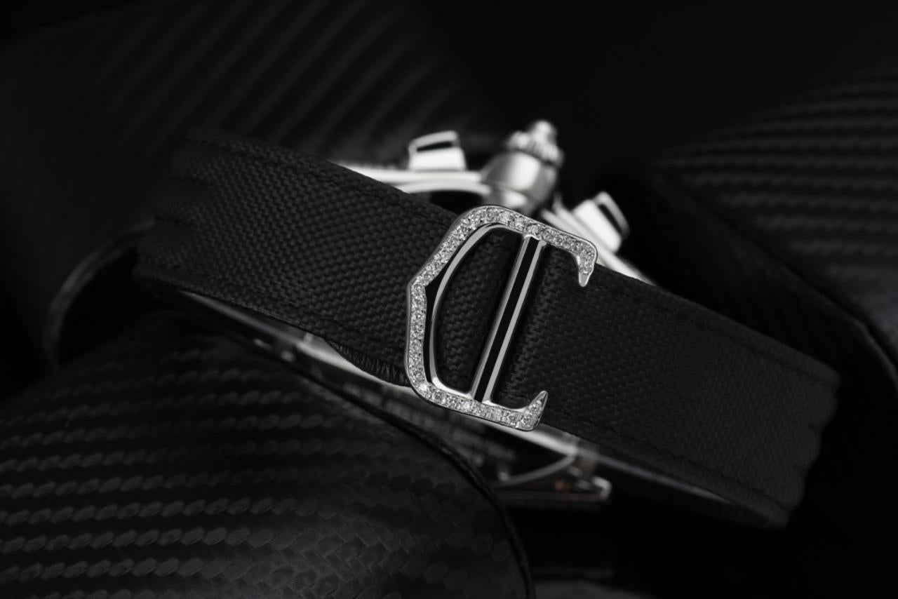 Round Cut Cartier Roadster XL W62020X6 Chronograph Custom Diamond Watch on Black Strap For Sale