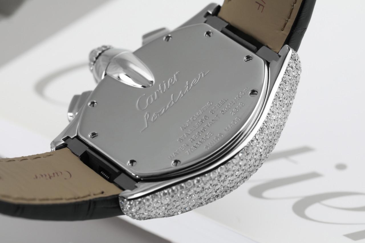 Cartier Roadster XL W62020X6 Chronograph watch. Black dial, 47.6mm x 42.8mm diamond, stainless steel case, on black alligator strap with diamond buckle.