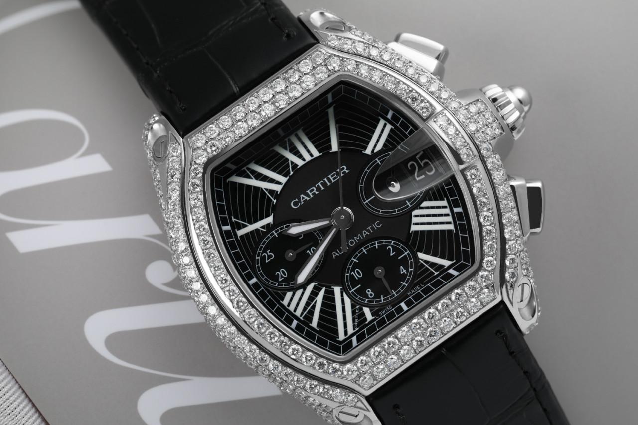Round Cut Cartier Roadster XL W62020x6 Chronograph Custom Diamond Watch on Leather Strap For Sale