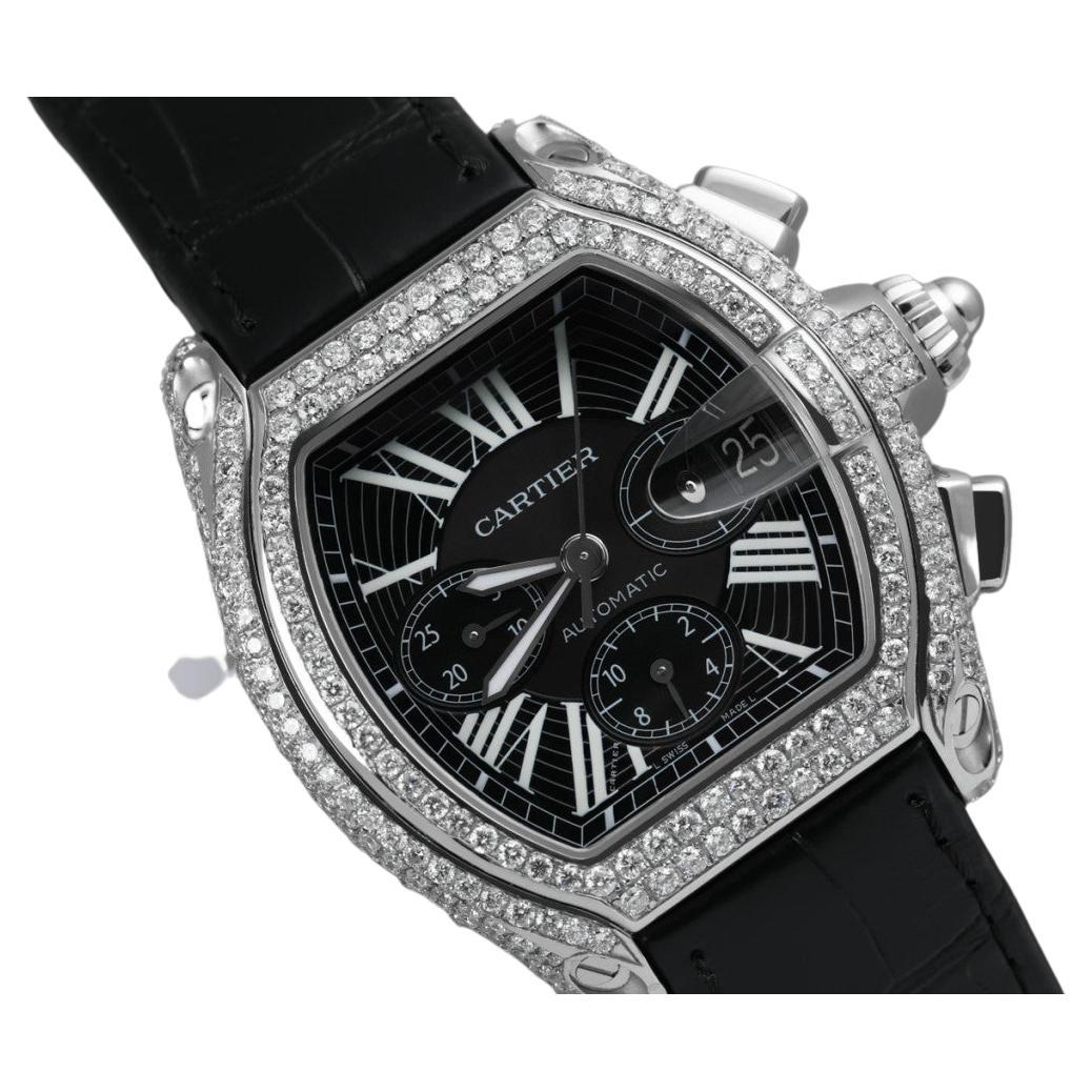 Reloj Cartier Roadster XL W62020x6 Cronógrafo personalizado con diamantes y correa de piel