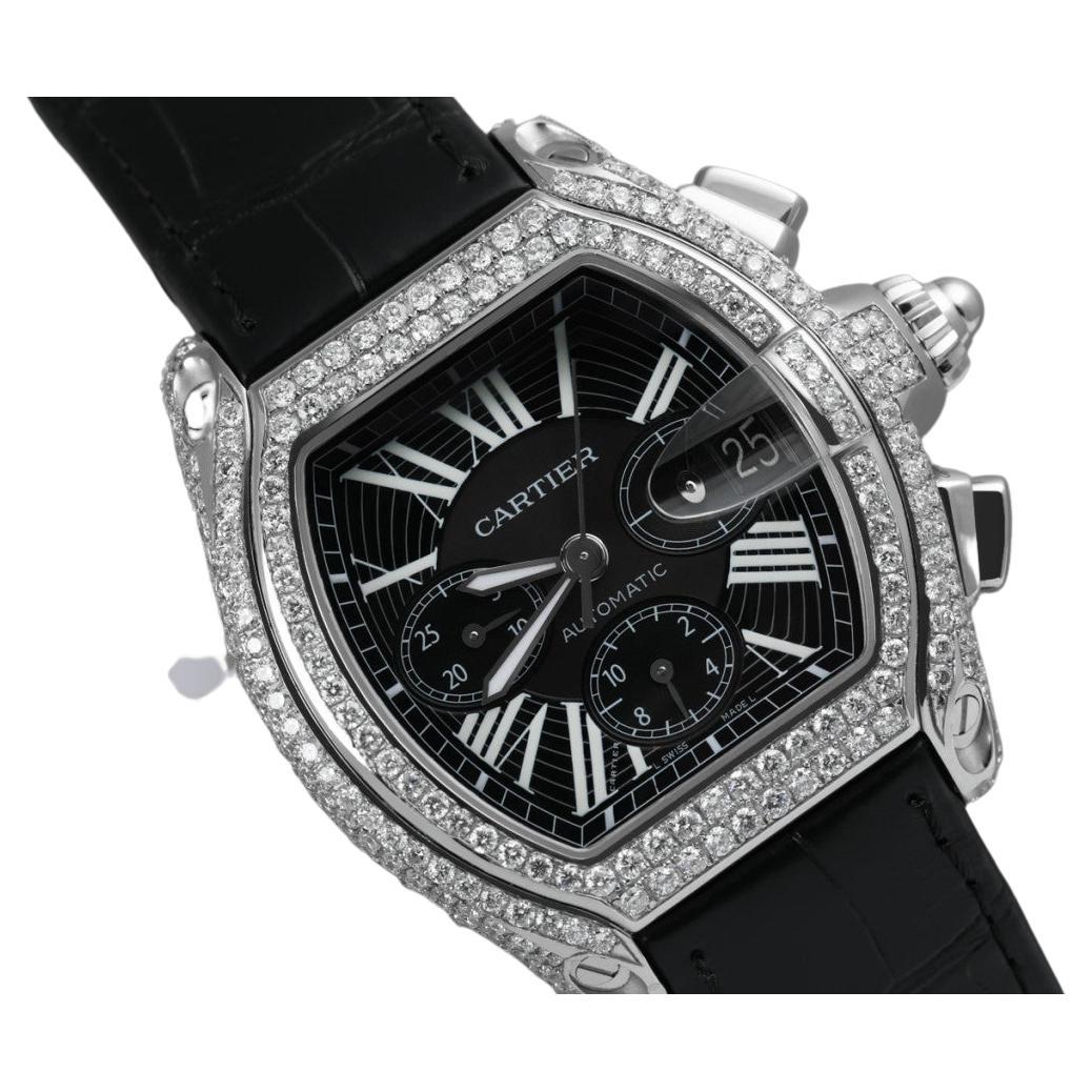 Cartier Roadster XL W62020x6 Chronograph Custom Diamond Watch on Leather Strap For Sale