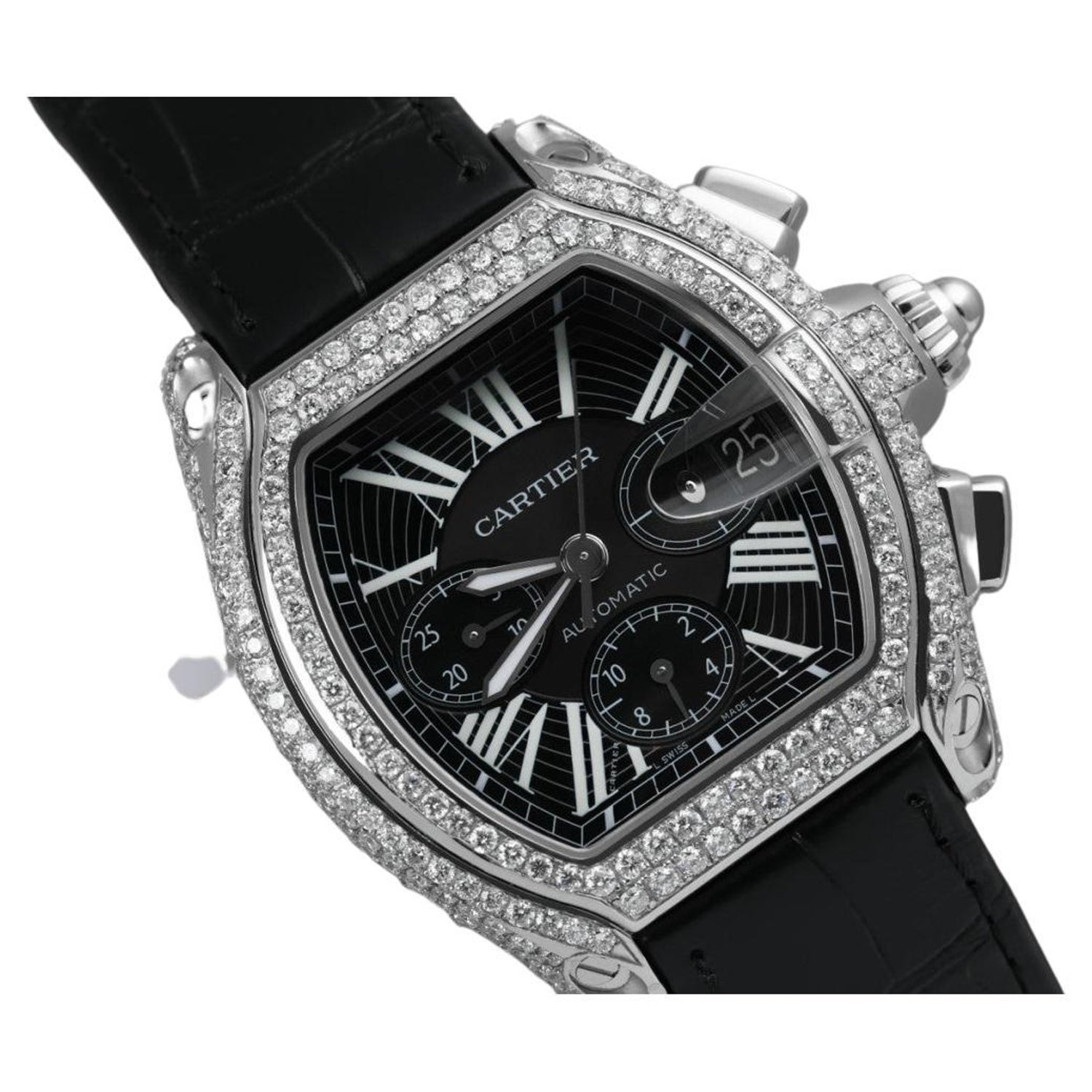 Cartier Montre Roadster XL W62020X6 chronographe personnalisée avec  diamants sur bracelet noir En vente sur 1stDibs