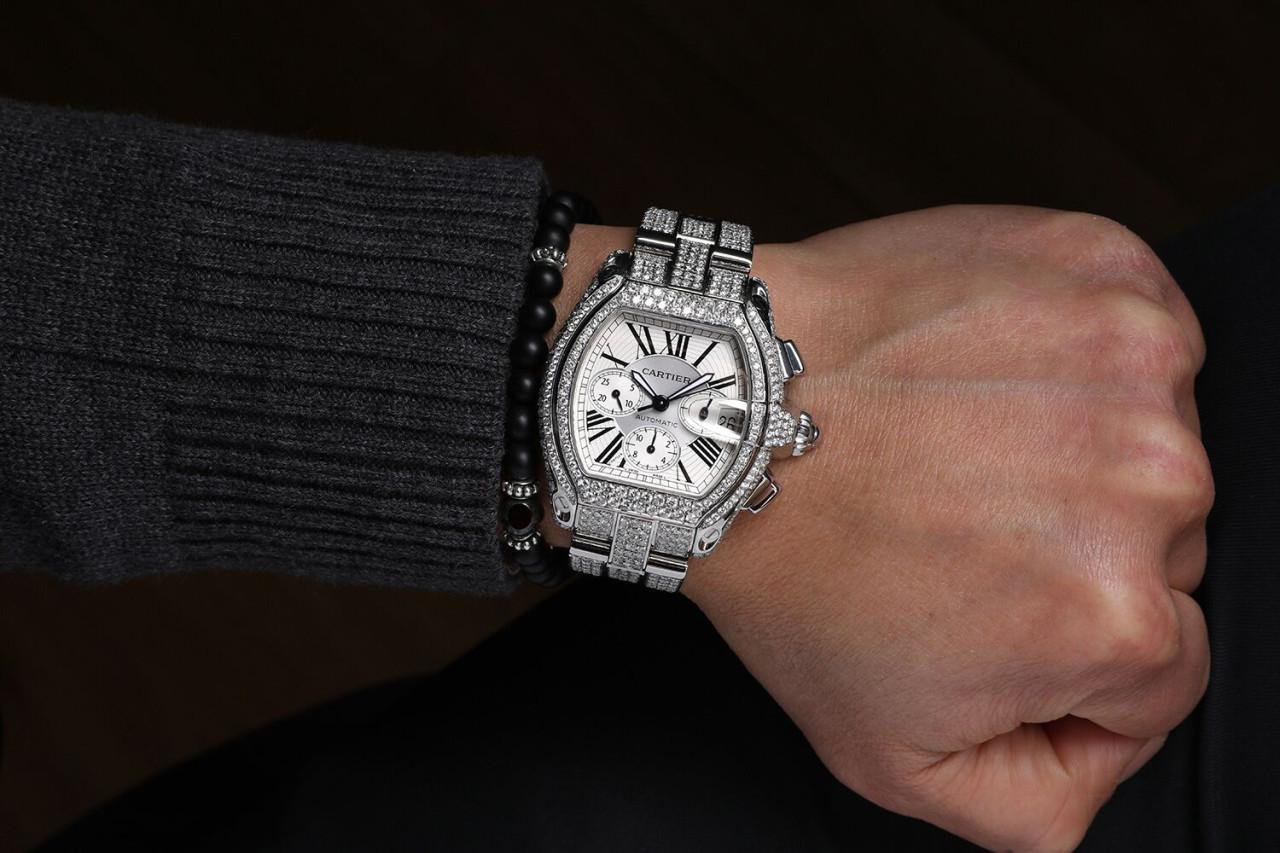 Cartier Roadster Xl W62020x6 Silver Dial Stainless Steel Fully Iced Out Watch For Sale 3
