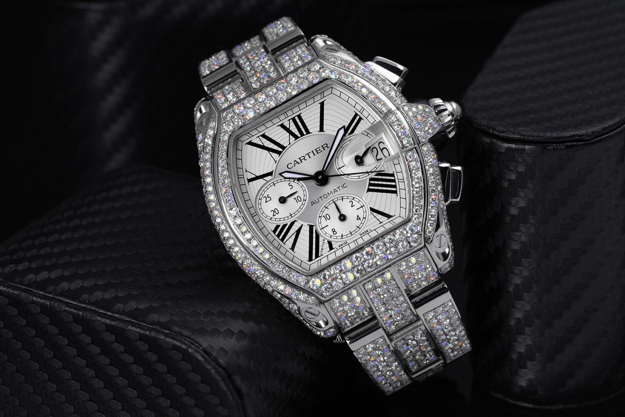 Cartier Roadster Xl W62020x6 Silver Dial Stainless Steel Fully Iced Out Watch In Excellent Condition For Sale In New York, NY