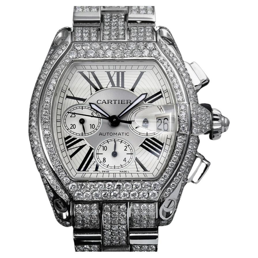 Cartier Roadster Xl W62020x6 Silver Dial Stainless Steel Fully Iced Out Watch For Sale