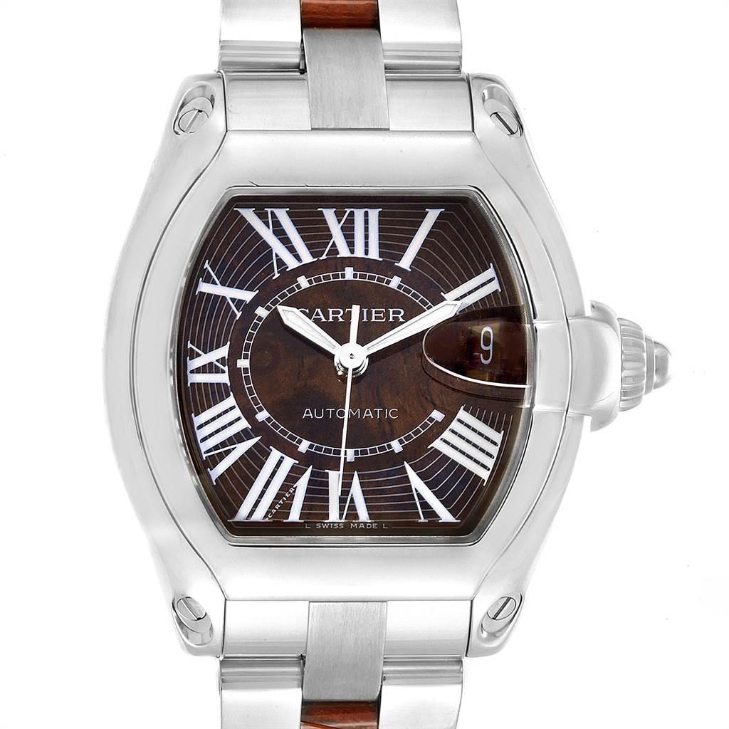 Cartier Roadster XL White Gold Walnut Wood Limited Edition Watch W6206000. Automatic self-winding movement. 18K white gold tonneau shaped case 48 x 43 mm. Scratch resistant sapphire crystal with cyclops magnifying glass. Walnut burl wood dial with
