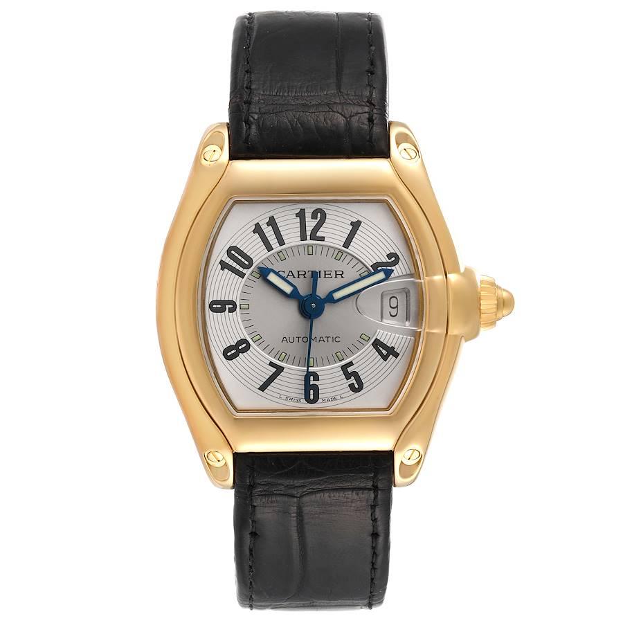 Cartier Roadster Yellow Gold Blue Strap Large Mens Watch W62005V2. Automatic self-winding movement. 18K yellow gold tonneau shaped case 37 x 44 mm. 18K yellow gold bezel. Scratch resistant sapphire crystal with cyclops magnifying glass. Silver