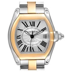 Cartier Roadster Yellow Gold Steel Silver Dial Mens Watch W62031Y4 Box Papers