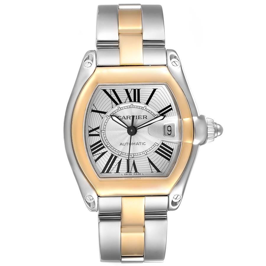 Cartier Roadster Yellow Gold Steel Silver Dial Mens Watch W62031Y4. Automatic self-winding movement. Stainless steel and 18K yellow gold tonneau shaped case 38 x 43mm. . Scratch resistant sapphire crystal with cyclops magnifying glass. Silver sunray