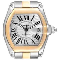 Cartier Roadster Yellow Gold Steel Silver Dial Mens Watch W62031Y4