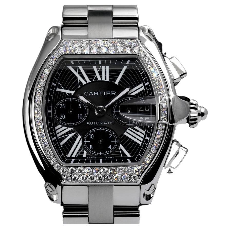 Cartier RoadsterXL Chronograph Edelstahl-Diamant-Uhr mit schwarzem Zifferblatt W62020X6