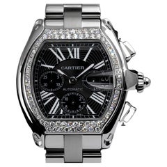 Reloj Cartier RoadsterXL Cronógrafo Acero inoxidable Diamante Esfera Negra W62020X6