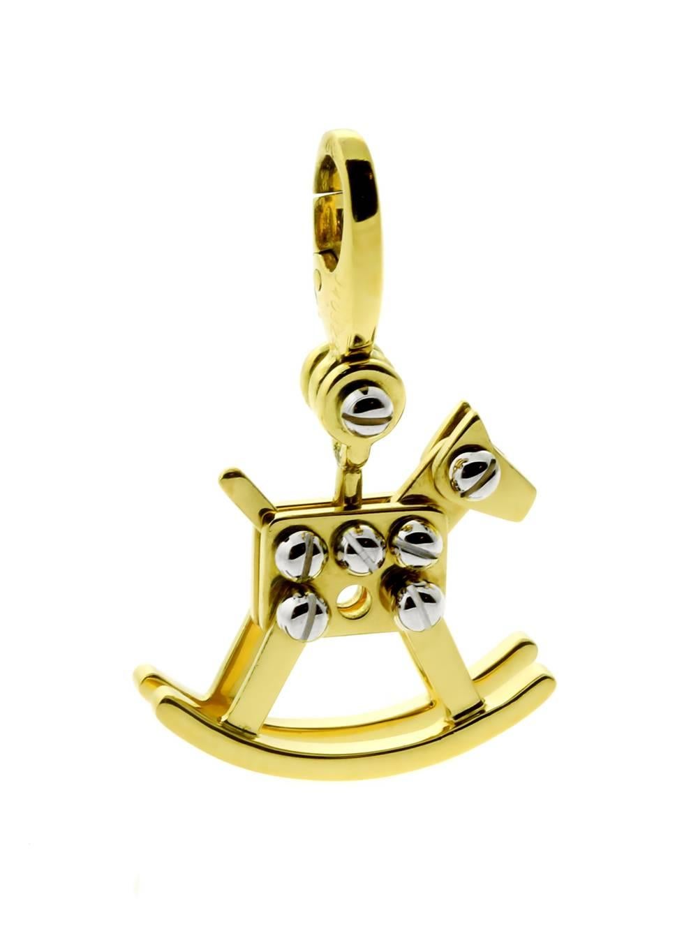 Cartier Rocking Horse Charm Pendant in 18k White & Yellow Gold

Hallmarks: Cartier, 2000, 750, Serial Number
Weight: 5.9 Grams
Dimensions: 18mm Wide (.70″ Inches) by 29mm in Length (1.14″ Inches)

Inventory ID: 0000116