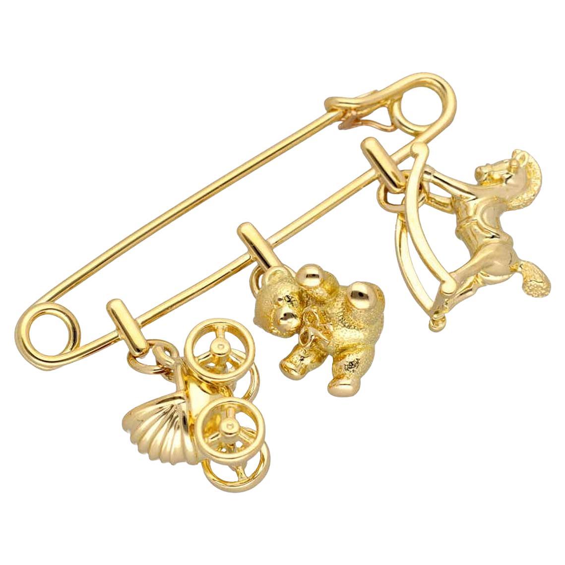 Cartier Rocking Horse Stroller Baby Mother Car Bear 18K Yellow Gold Charm Brooch