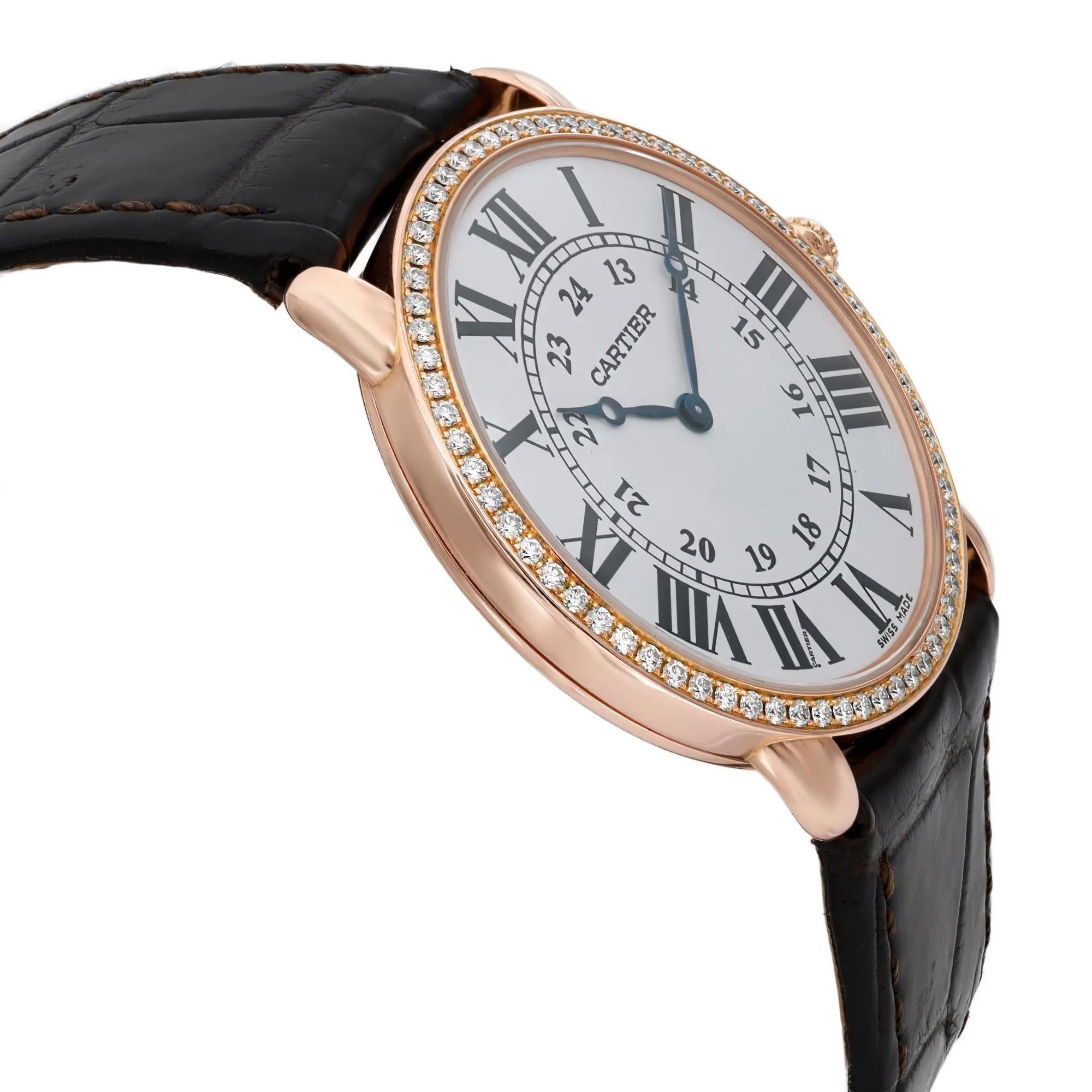 Femenino o masculino Reloj de cuerda manual Cartier Ronde Louis de oro rosa de 18 quilates con diamantes y esfera plateada WR000651 en venta