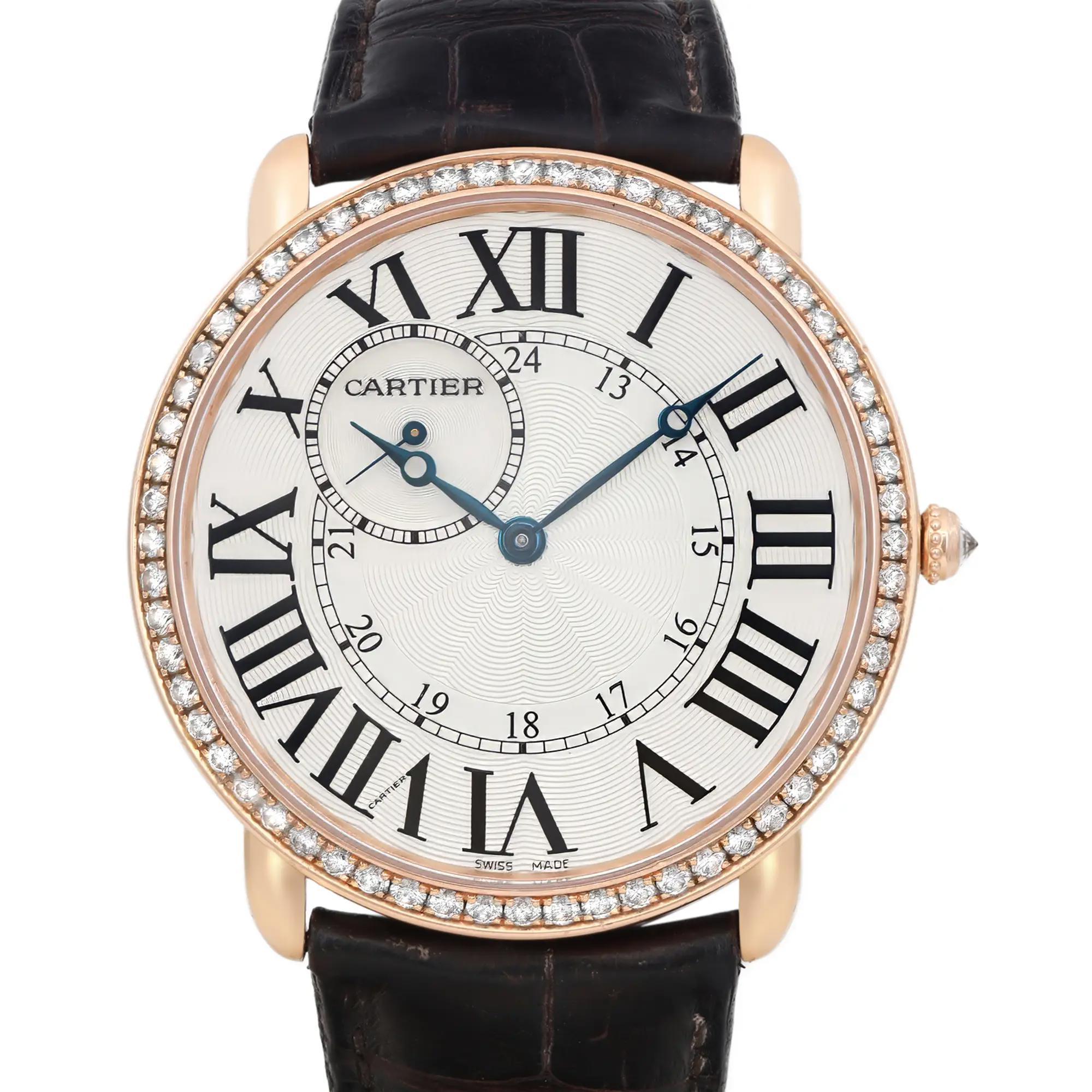 Pre-Owned in good condition. Factory Set 60 brilliant-cut diamond bezel. The band shows signs of wear. It comes with an original box but papers are not included.

General Information
Brand: Cartier
Model: Ronde Louis
Model Number: WR007001
Style: