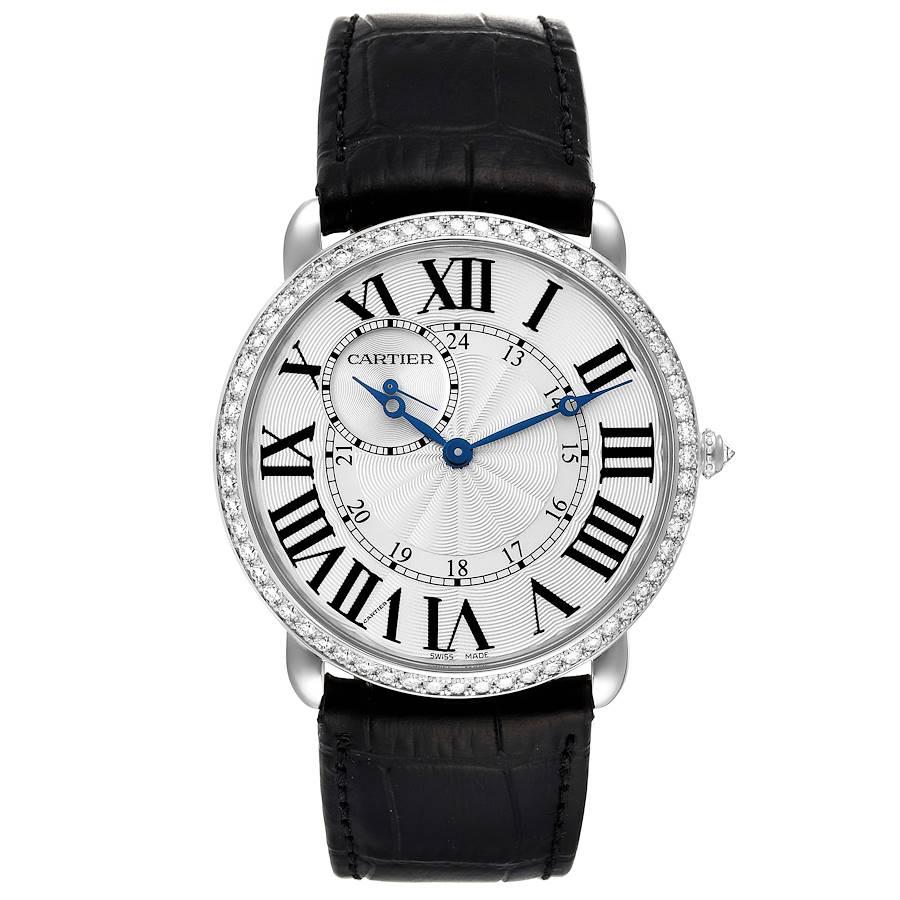 Cartier Ronde Louis 18K White Gold Diamond Bezel Mens Watch WR007002. Manual winding movement. 18K white gold case 42.0 mm in diameter. Circular grained crown set with an original Cartier factory diamond. Exhibition sapphire caseback. Original