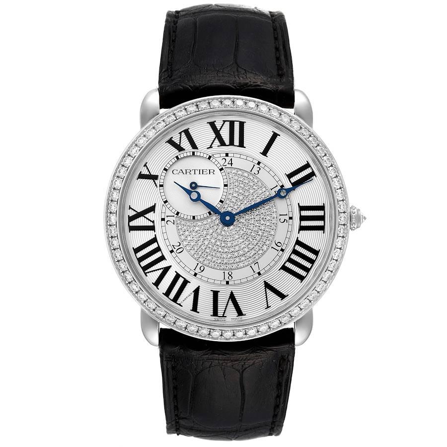 Cartier Ronde Louis 18K White Gold Silver Dial Diamond Mens Watch 3269. Manual winding movement. 18K White gold case 42.0 mm in diameter. Circular grained crown set with diamond. Exhibition transparrent sapphire crystal caseback. Original Cartier