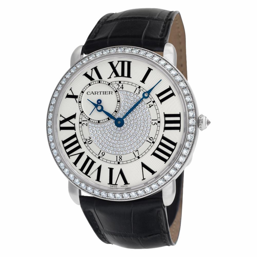 Cartier Ronde Louis Cartier Reference #:WR007004. Cartier Ronde Louis in 18k white gold  with factory diamond bezel & center pave diamond  dial on a leather strap. Manual w/ subseconds. Ref WR007004. Complete with box. Fine Pre-owned Cartier Watch.