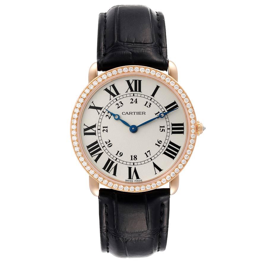 Cartier Ronde Louis Rose Gold Diamond Mens Watch WR000551. Manual winding movement. 18k rose gold case 36 mm in diameter. Circular grained crown set with the diamond. Original Cartier factory set diamond bezel. Scratch resistant sapphire crystal.