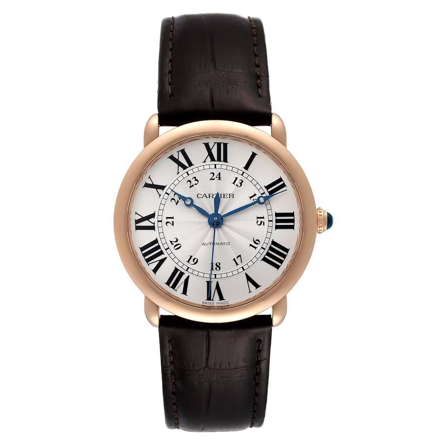 Cartier Ronde Louis Rose Gold Silver Dial Mens Watch WGRN0006 Box Card. Automatic self-winding movement. 18k rose gold case 36.0 mm in diameter. Excibition case back. Circular grained crown set with the blue sapphire cabochon. . Scratch resistant